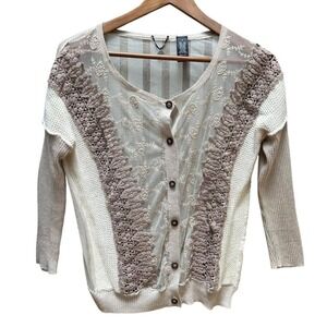 BKE Boutique Sweater Sheer Beige Lace Knit Cardigan Crochet Trim Cottage Boho S